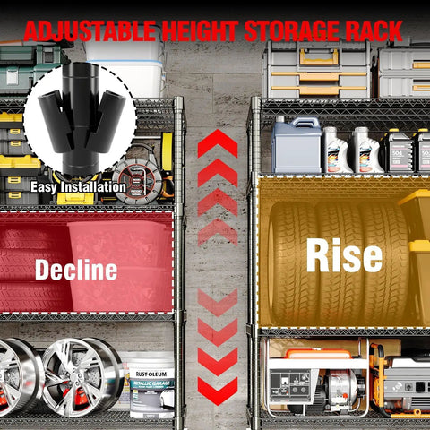 Adjustable Metal Rack showing easy installation and storage of tires and tools on Heavy Duty Rolling Wire Shelving Unit With Wheels For Garage Storage Adjustable Metal Rack 2640 Lb Capacity Rock Solid Frame Locking Casters Easy Peasy Setup Four Tier 60 Inches Wide.