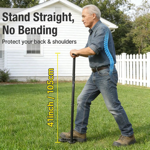 Person using Step Through Lawn Aerator Tool With Full Foot Pedal For Joint Friendly Ergonomic Leg Power in garden