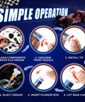 Six-step guide on using Two Pack RC Grease With Precision Syringe Applicator for gears, bearings, axles in RC cars.