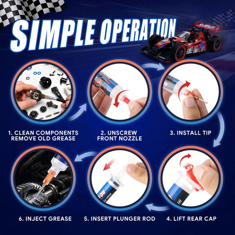 Six-step guide on using Two Pack RC Grease With Precision Syringe Applicator for gears, bearings, axles in RC cars.