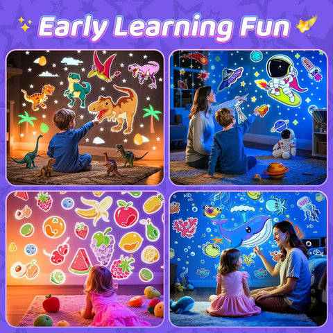 Children using Dinosaur Story Projector And Bluetooth 5.0 Speaker For Kids Room, 15 Film Reels With Dynamic Moving Images for fun learning.