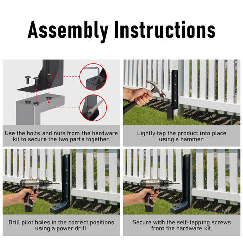 Assembly instructions for 2 Pack Fence Post Repair Kit with Heavy Duty Steel Ground Spikes for Quick Fix of Tilted and Broken 4x4 and 6x6 Wood Posts No Fuss Rust Resistant Ground Anchor for Garden Yard and Outdoor Fences.