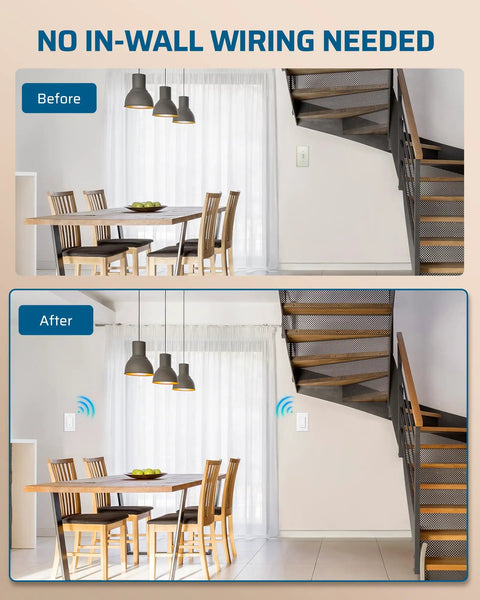 Before and after installation of Wireless Light Switch Kit With Remote, No In Wall Wiring Needed, programmable for lights and fans.