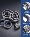 Chainsaw Crank Bearing Seal Kit For Husqvarna HUS357 359 357XP with polished steel balls and double-lip seals on blue background.