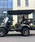 White 4 Seater Electric Golf Cart Featuring Flip Up Seats 48 Volt 150 Amp Hour Lithium Battery And Backup Camera side view on urban street