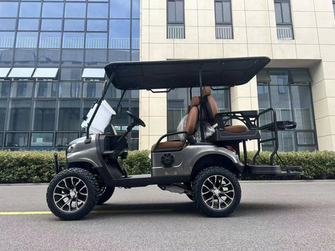 Slick White Two Plus Two Golf Cart With 48V 150Ah Lithium Battery showing side view with brown seats and modern design.