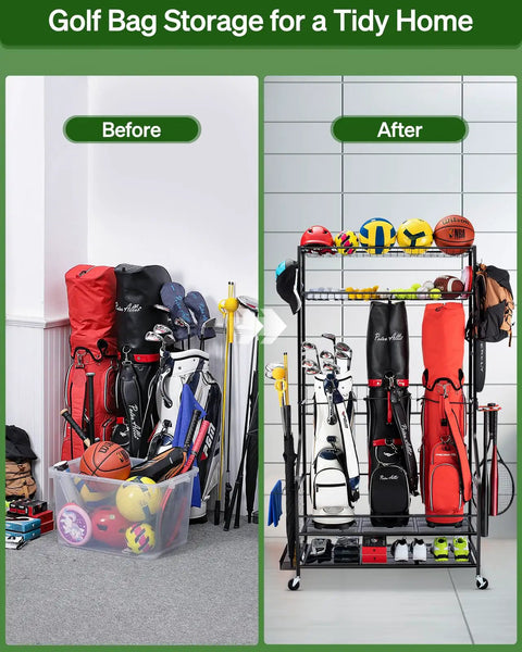 Before and after view of All In One Golf Bag Storage Rack With Wheels, 3 Bag Stand, 4 Hooks, Extra Golf Club Display, Garage Organizer.