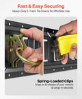 Close-up of Six 5 Foot E Track Rails Kit showing the yellow ratchet strap and O ring anchors for securement.
