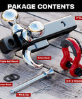 Tri Ball Trailer Hitch Mount With Hook And Pin And Rotatable Tow Shackle For 2 Inch Receiver Fits 1-7/8 Inch 2 Inch 2-5/16 Inch Hitch Balls Heavy Duty Powder Coat Finish Includes D Ring Shackle 5000 6000 10000 12000 Lbs package contents