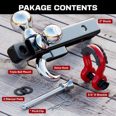 Tri Ball Trailer Hitch Mount With Hook And Pin And Rotatable Tow Shackle For 2 Inch Receiver Fits 1-7/8 Inch 2 Inch 2-5/16 Inch Hitch Balls Heavy Duty Powder Coat Finish Includes D Ring Shackle 5000 6000 10000 12000 Lbs package contents