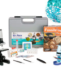 Sweet Kids STEM Science Starter Pack Featuring Monocular Compound Microscope With Heavy Duty Black Metal Arm Fossil Dig Kit showing microscope and kit items.