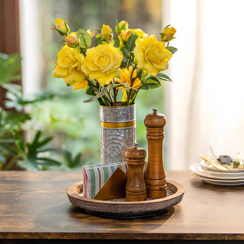 Solid Wood Lazy Susan Set Big Round Serving Tray With Hella Smooth Ball Bearing Turntable Base For Kitchen Counter And Dinner Party Centerpiece Slick Spinning Organizer Easy Setup Stand with flowers and condiments.