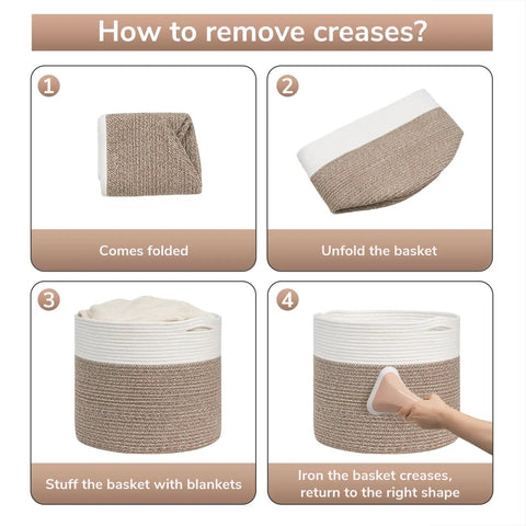 Cozy Cotton Rope Blanket Basket With Built In Handles, 15.8 X 15.8 X 13.8 Inches, showing how to remove creases in foldable basket.