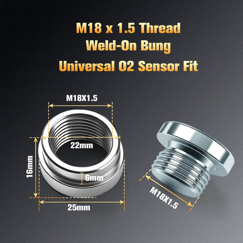Rock Solid 304 Stainless Steel Oxygen Sensor Bung And Plug Kit With M18 X 1.5 Thread, detailed view of weld-on bung and screw plug.