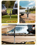 Heavy Duty A Frame Trailer Jack 5500 Lbs Load Capacity For RV And Utility Trailers Cordless Drill Compatible 20 To 24 Volt 7 Level Adjustable Drop Leg Lift Range From Eleven Point Four To Thirty Seven Point Two Inches Black installed on various trailers