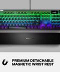 Top Tier Mechanical Gaming Keyboard Featuring Integrated OLED Display USB Passthrough Media Controls Heavy Duty Aluminum Housing Tactile Clicky Blue Switches Full Spectrum RGB Lighting For Gamers Ready To Level Up Their Daily Rig with RGB lighting and wrist rest.