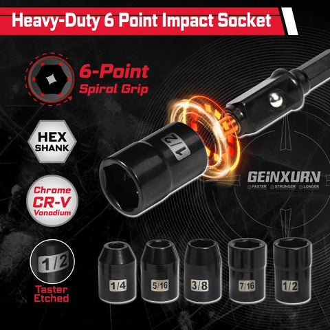 Heavy-duty 6-point impact socket from 44-Piece Magnetic S2 Impact Screwdriver Bit Set With Ratchet Wrench displayed with sizes.