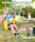Child playing on Backyard Kids Slackline Obstacle Course Kit With 65Ft Line And 13 Obstacles, swing seat and ninja wheel shown.