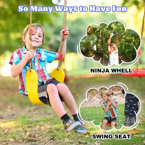 Child playing on Backyard Kids Slackline Obstacle Course Kit With 65Ft Line And 13 Obstacles, swing seat and ninja wheel shown.
