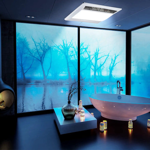 Modern bathroom with Ultra Quiet Bathroom Exhaust Fan With 15W LED Light, 1.0 Sones, 110 CFM Ventilation installed on ceiling.