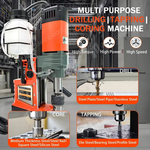 Heavy Duty Magnetic Drill Press 1400W With Solid Copper Motor For Extreme Power showing drilling and tapping features.