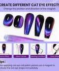 9D Magnetic Cat Eye Nail Polish Kit With Magnet Quick Dry Finish Dope Holographic Galaxy Lacquer That Requires Black Base Coat Non Gel Nail Polish For Women Girls 16ml Fast Dry Manicure showing different cat eye effects and tips.