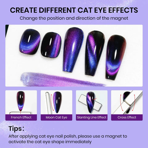 9D Magnetic Cat Eye Nail Polish Kit With Magnet Quick Dry Finish Dope Holographic Galaxy Lacquer That Requires Black Base Coat Non Gel Nail Polish For Women Girls 16ml Fast Dry Manicure showing different cat eye effects and tips.