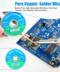 Hand using desoldering wick and soldering iron on blue PCB, product focus keyword: Desoldering Wick And No Clean Flux Paste Kit For Electronics Repair No Residue Solder Flux Paste Low Smoke RoHS Compliant Easy Oxide Removal Desoldering Wick Braid Set 5 Pack For Disassembling Electrical Components