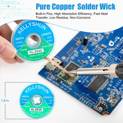 Hand using desoldering wick and soldering iron on blue PCB, product focus keyword: Desoldering Wick And No Clean Flux Paste Kit For Electronics Repair No Residue Solder Flux Paste Low Smoke RoHS Compliant Easy Oxide Removal Desoldering Wick Braid Set 5 Pack For Disassembling Electrical Components