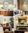 Vintage Wireless Rechargeable Led Wall Sconce Set Of Two Featuring Remote Dimmable Switch And Sleek Gold Finished Green Tulip Glass Shade For Bedroom Living Room in various rooms.
