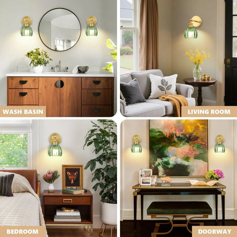 Vintage Wireless Rechargeable Led Wall Sconce Set Of Two Featuring Remote Dimmable Switch And Sleek Gold Finished Green Tulip Glass Shade For Bedroom Living Room in various rooms.