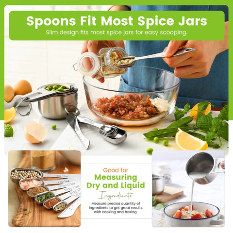 Person pouring spice into a bowl using Stainless Steel Measuring Cups And Spoons Set Of 14 With Leveler, Nesting Kitchen Gear