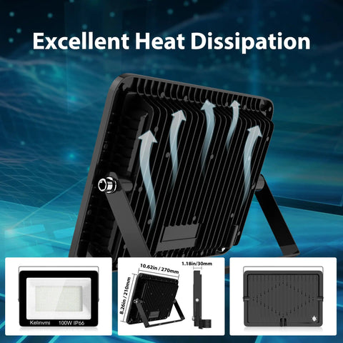 Back view of 100 W Outdoor LED Flood Light 10000 Lm Warm White 4200K IP66 Waterproof, showing heat dissipation feature.