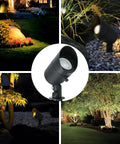 4W 12V Low Voltage Landscape Lights Kit with waterproof spotlights illuminating garden, lawn, porch, and patio at night.