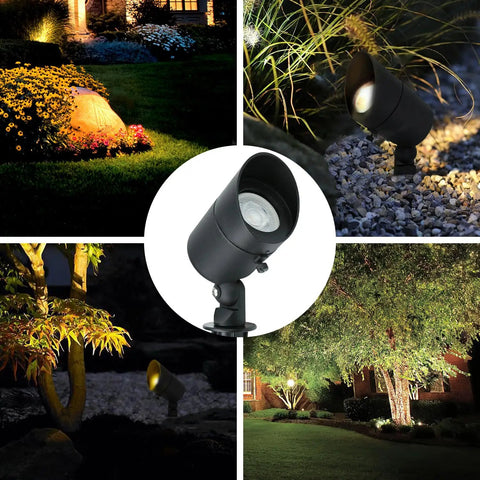 4W 12V Low Voltage Landscape Lights Kit with waterproof spotlights illuminating garden, lawn, porch, and patio at night.