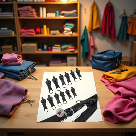 12 Pack Black Zipper Pulls Replacement Kit displayed on a table in a sewing room setting for universal zip slider teeth zippers.