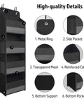 Over The Door Hanging Organizer With Four Large Pockets And Clear Windows, black organizer details with reinforced edges and mesh pockets