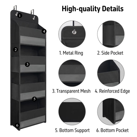 Over The Door Hanging Organizer With Four Large Pockets And Clear Windows, black organizer details with reinforced edges and mesh pockets