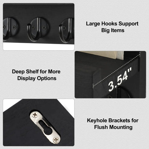 Details of Wall Mounted Key Holder With Shelf And Large Hooks For Keys Bags Coats Umbrellas And Mail Paulownia Wood Entryway Organizer