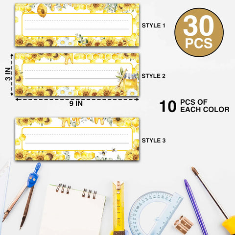 30 Classroom Name Tags Set With Sunflower Desk Tags And Bumble Bee Labels, Durable 3x9 Inch Student Name Plates For Kindergarten And School