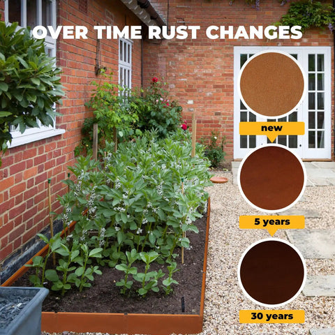 Pre-Rusted Weathering Steel Landscape Edging Kit For Gardens And Walkways, 12 Piece Set in a garden, rust over time shown