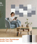 Ultimate Brick Shape Acoustic Panels Made From High Density Polyester Fiber To Blast Away Echoes And Silence Reverb Delivering Pro Grade Noise Reduction For Walls And Ceilings Perfect For Sound Proofing Home Studios And Gaming Rooms Value Pack Of 24 showcased on a stylish wall behind a woman sitting on a blue chair.