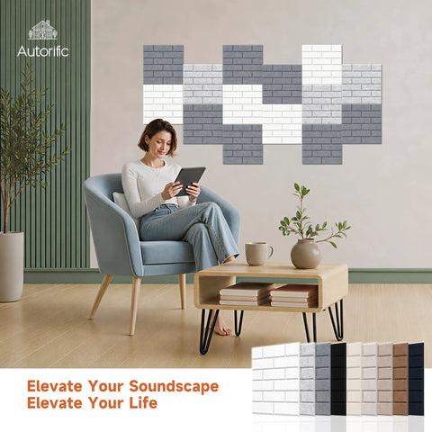 Ultimate Brick Shape Acoustic Panels Made From High Density Polyester Fiber To Blast Away Echoes And Silence Reverb Delivering Pro Grade Noise Reduction For Walls And Ceilings Perfect For Sound Proofing Home Studios And Gaming Rooms Value Pack Of 24 showcased on a stylish wall behind a woman sitting on a blue chair.
