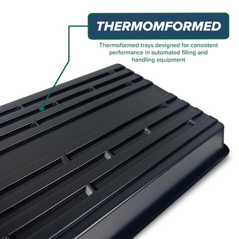 Close-up of a black thermomformed tray, part of a 10 Pack No Drain Holes Plant Growing Trays 20 By 10 Inches for seedlings and hydroponics.