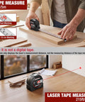 2-in-1 Laser Tape Measure With 215 Ft Laser Distance Meter And 16 Ft Manual Tape For Quick Long Range And Precise Short Range Readings, Durable Handheld Tool For Builders And DIYers. 16 ft tape on wood board