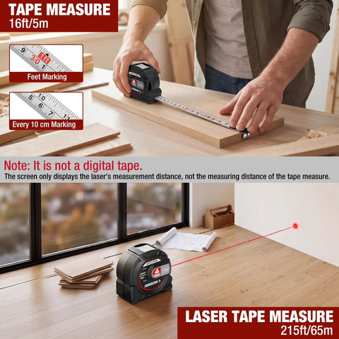 2-in-1 Laser Tape Measure With 215 Ft Laser Distance Meter And 16 Ft Manual Tape For Quick Long Range And Precise Short Range Readings, Durable Handheld Tool For Builders And DIYers. 16 ft tape on wood board