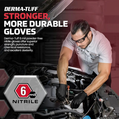 Person wearing Heavy Duty Six Mil Nitrile Disposable Gloves XL Size, working on a car engine with tools.