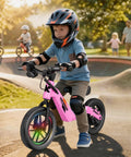 Electric Balance Bike For Kids Ages 3 To 7 With 14 Inch Pneumatic Tires, 24V 270W Motor, Kick To Start Safe Ride, Rear Drum Brake, 3 Speeds Up To 9.3 MPH, Lightweight Magnesium Alloy Frame, Adjustable Seat Pink, child riding in park