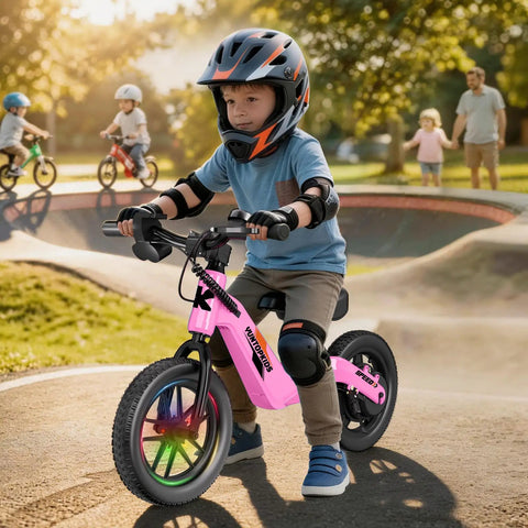Electric Balance Bike For Kids Ages 3 To 7 With 14 Inch Pneumatic Tires, 24V 270W Motor, Kick To Start Safe Ride, Rear Drum Brake, 3 Speeds Up To 9.3 MPH, Lightweight Magnesium Alloy Frame, Adjustable Seat Pink, child riding in park