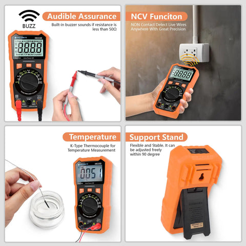 6000 Count Digital Multimeter With NCV LCD For AC And DC Voltage And Current, Resistance, Capacitance, Live Wire, Frequency, Temperature, Duty Cycle, Continuity And Diode Testing orange handheld tester with probes